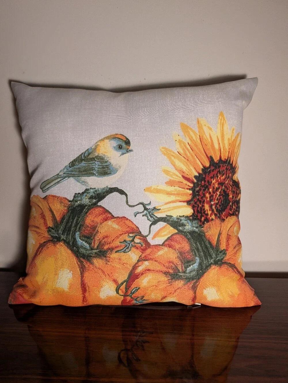 Fall Decorative Pillow with Pumpkin, Sunflower & Bird